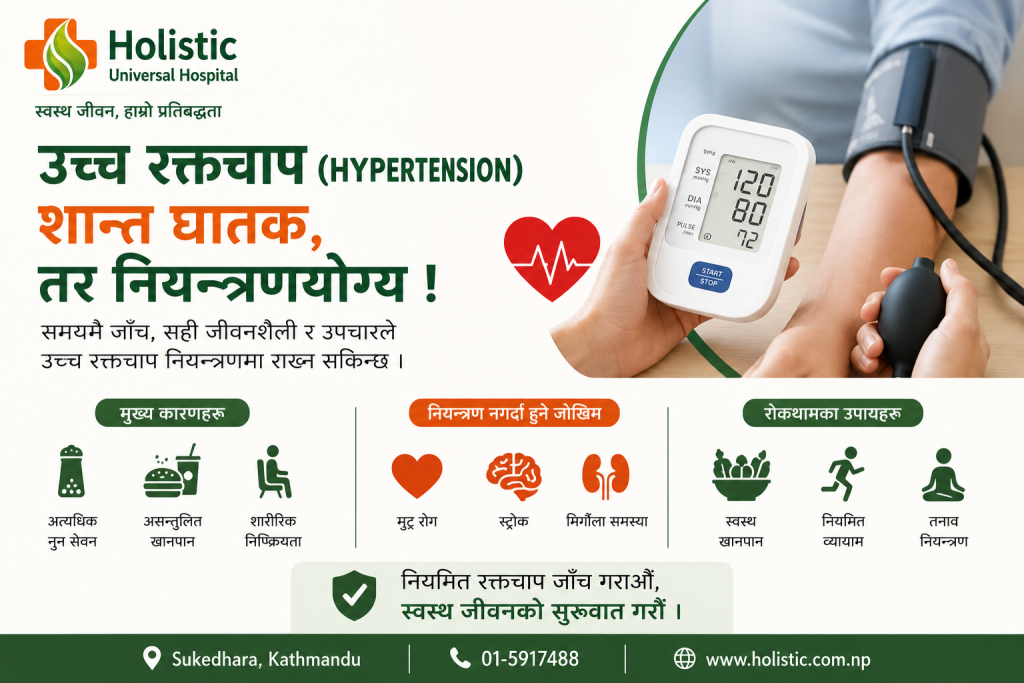 उच्च रक्तचाप (Hypertension) के हो? कारण, लक्षण, जोखिम, रोकथाम र उपचार | Holistic Universal Hospital